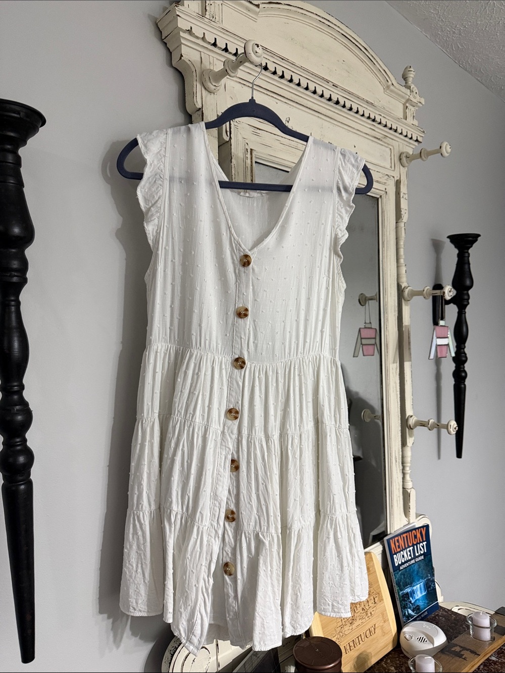 Women’s White Button-Front Tiered Mini Dress with Ruffle Sleeves